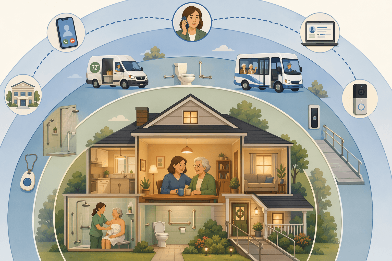 A house cutaway illustration showing five concentric service layers radiating outward from a warm amber-lit home: Personal Care, Home Modifications, Community Services, Technology & Monitoring, and Care Coordination.