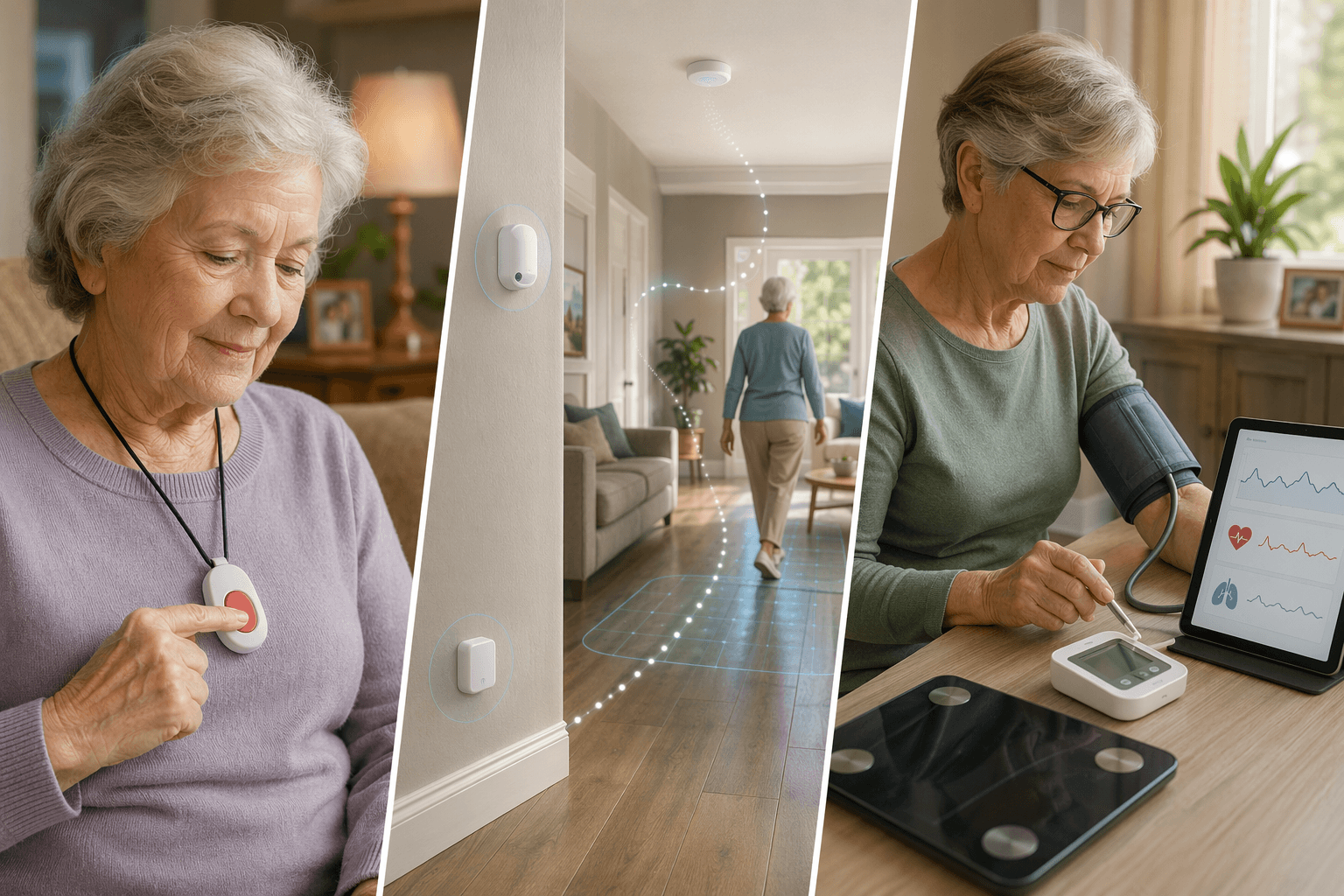 Three elderly monitoring approaches: medical alert pendant, passive home sensors, and clinical vital-sign monitoring