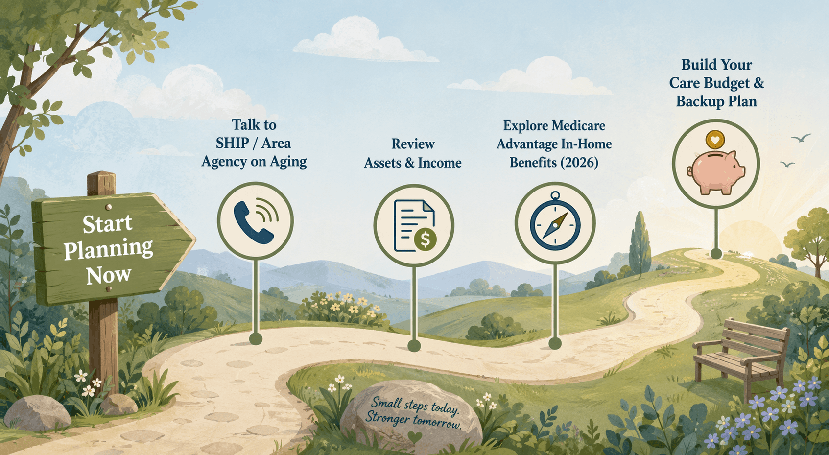 Illustration showing a planning path with milestones for SHIP contact, asset review, Medicare Advantage exploration, and care budget building.