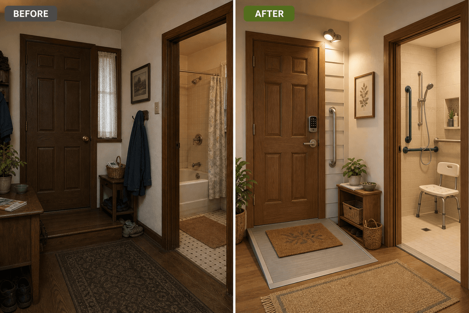 Split illustration showing a home entrance and bathroom before and after dementia-friendly modifications.