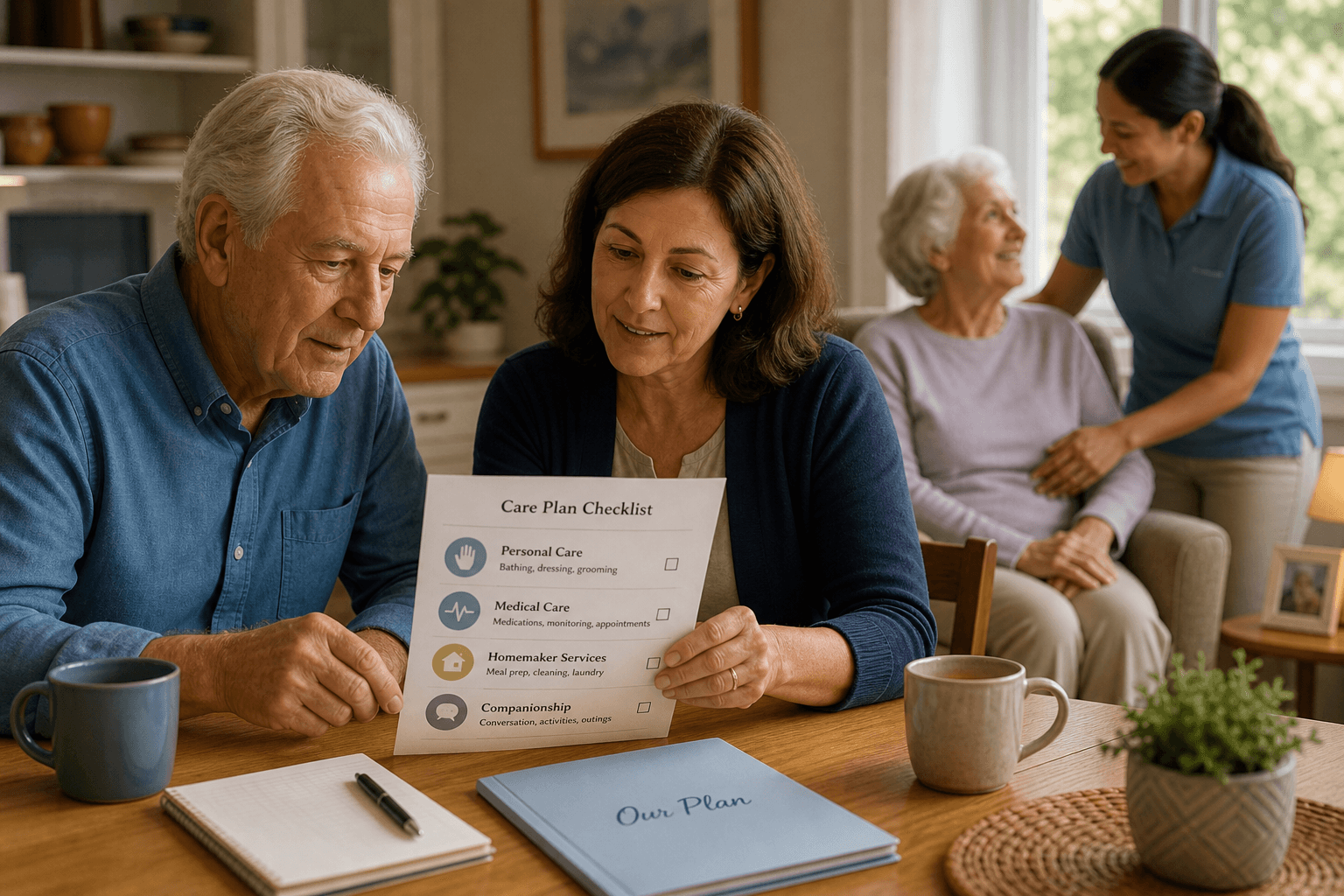 An adult child in their 40s-50s sits at a kitchen table with an elderly parent, reviewing a printed care plan. In the background, a professional caregiver gently assists another older person. Small icons for personal care, medical, homemaker, and companionship services are visible on the table.