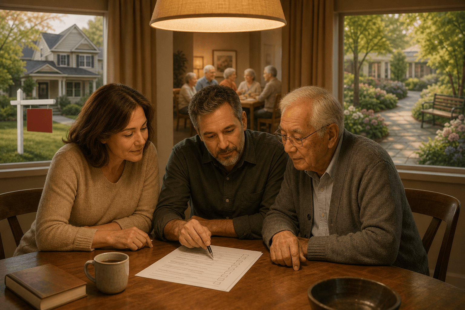 A multi-generational family seated around a wooden table studying a printed decision worksheet, with three soft vignettes in the background showing a house with a sold sign, a communal dining room, and a secure garden path.