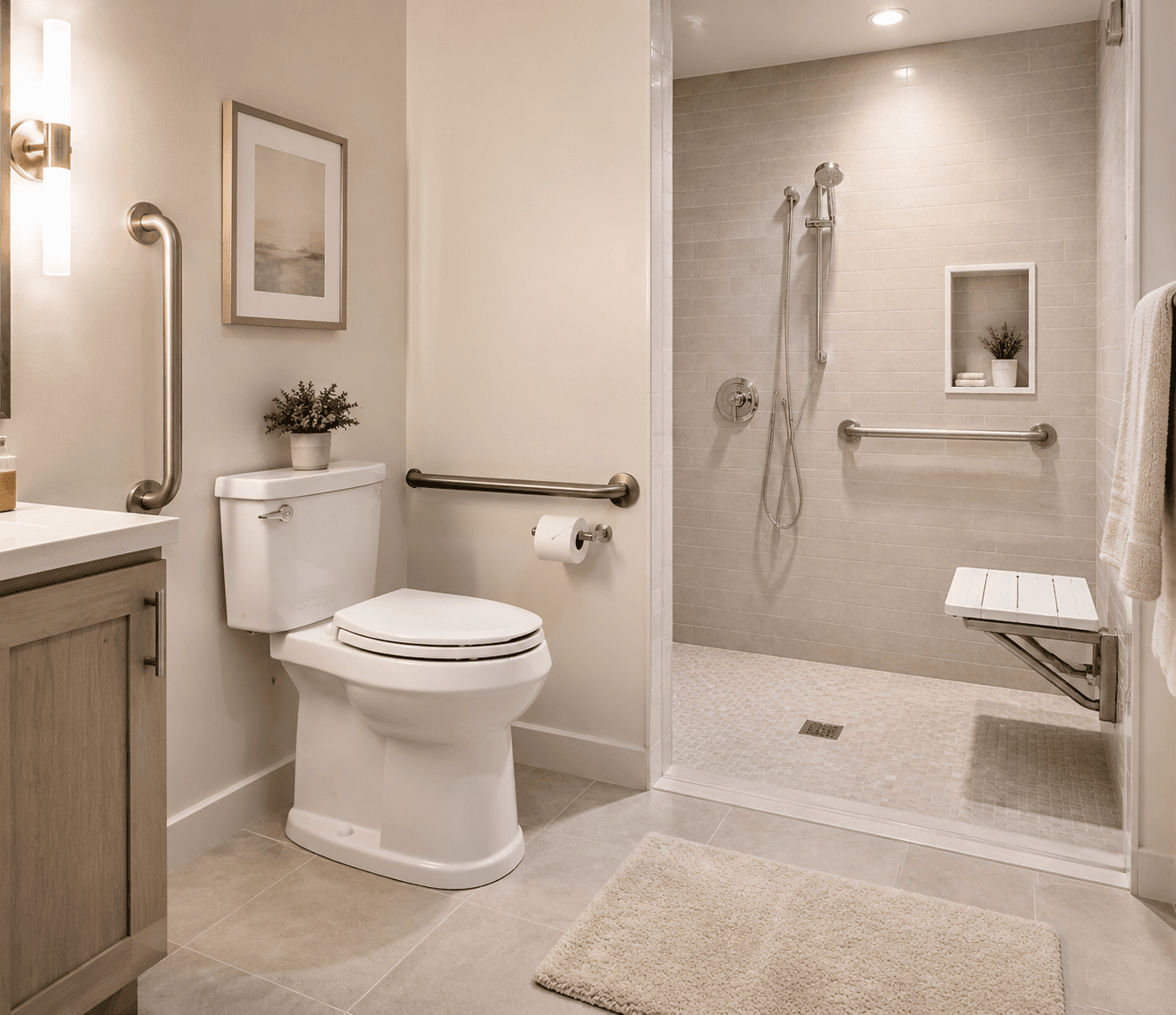 Accessible bathroom with raised toilet, wall grab bar, walk-in shower, shower seat, and non-slip flooring