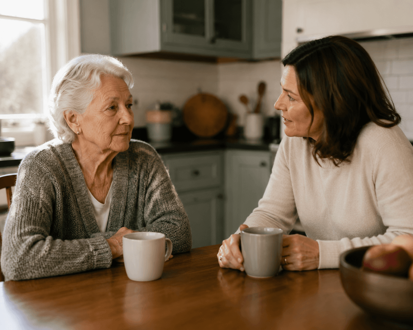 Older adult and adult daughter seated at a kitchen table during a tense but caring conversation