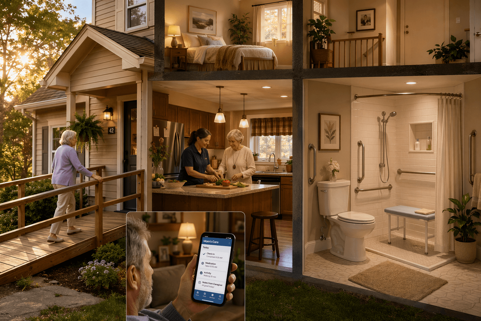 A warm split-composition cross-section of a two-story home showing an older adult walking up an entry ramp with handrail on the left, a home care aide in the kitchen preparing a meal, and a bathroom with grab bars and shower seat on the right, with a small inset showing a smartphone care coordination app