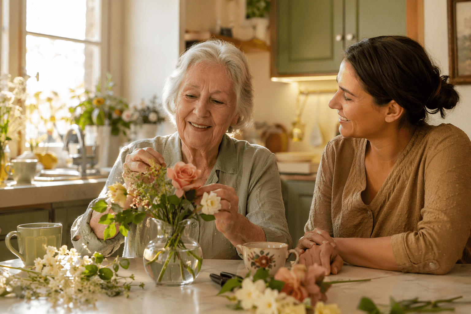 A senior woman and a younger home care aide sit together at a bright kitchen table with natural light streaming through a window. The senior is gently arranging fresh flowers in a small vase while the aide sits beside her in quiet companionship.