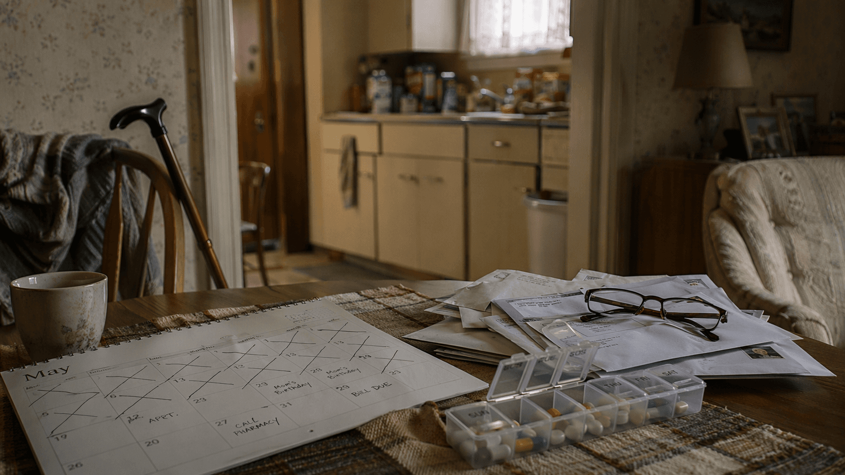 A senior home table with a pill organizer, calendar, unopened mail, reading glasses, and a cane, suggesting small warning signs accumulating in the home