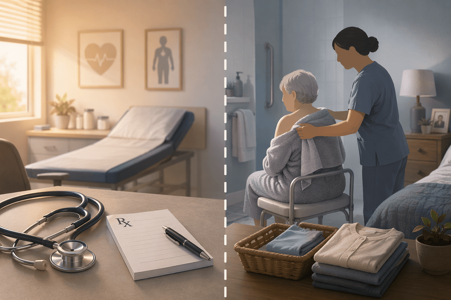 Split image contrasting medical care with daily caregiving at home to show the Medicare coverage boundary