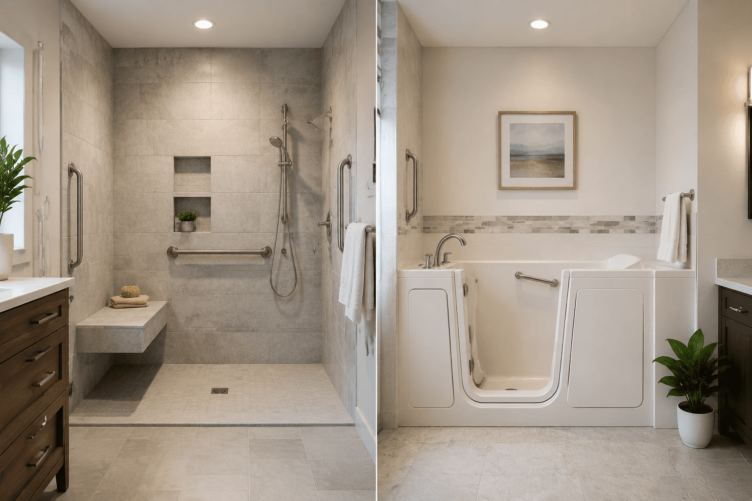Curbless walk-in shower and walk-in tub shown side by side in a modern bathroom