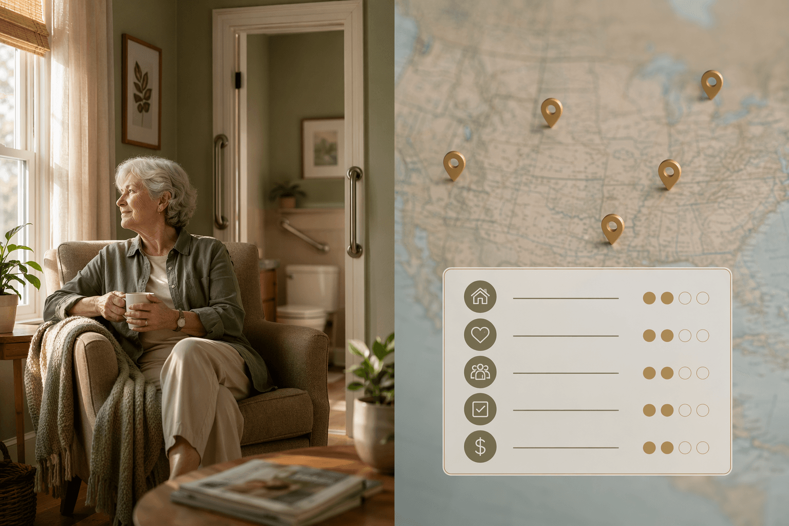Split composition showing an elderly woman in a sunlit living room on the left and a blurred U.S. map with city pins and decision framework overlay on the right.