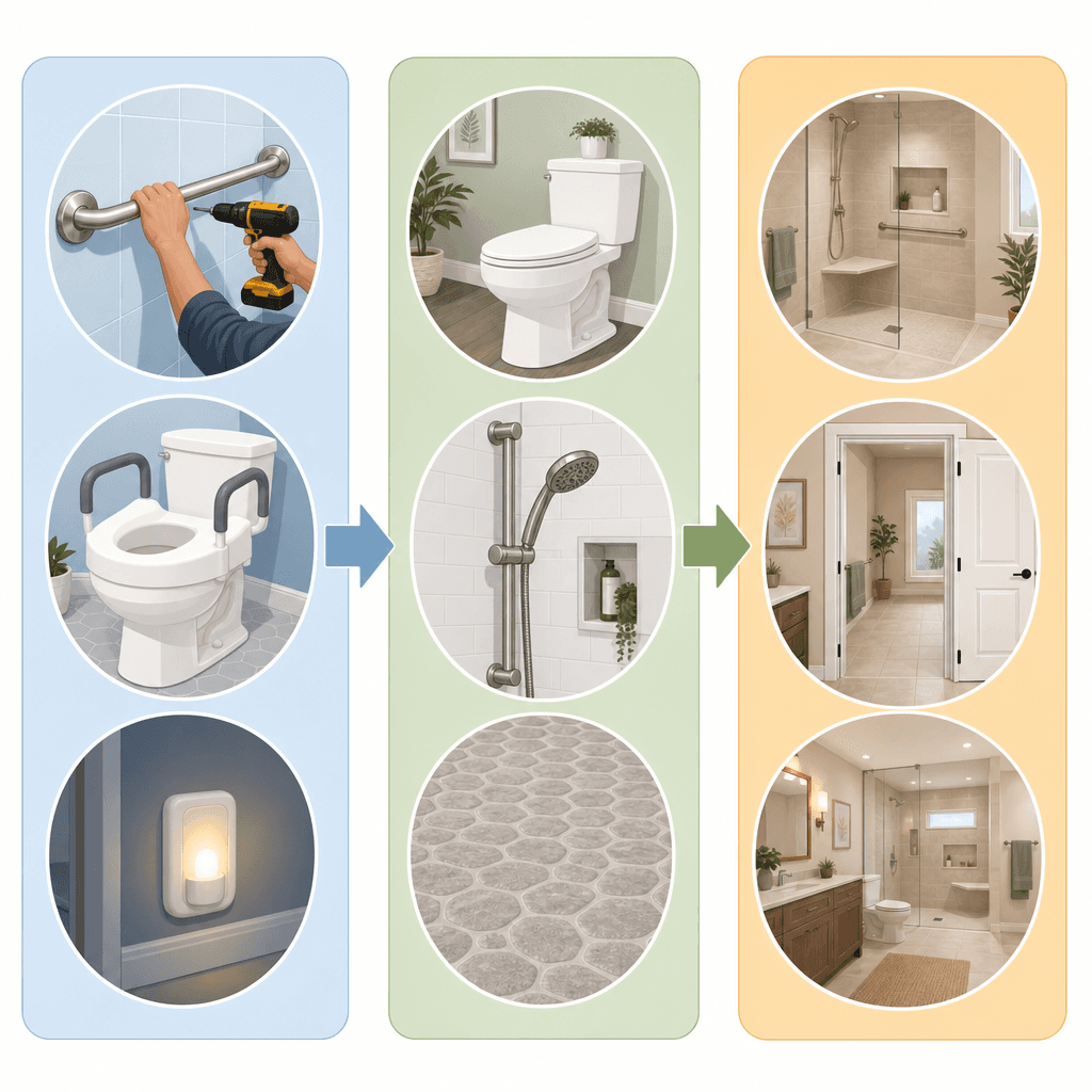 Three-panel visual showing the phased bathroom upgrade approach: Panel 1 (blue) shows grab bar, raised toilet seat, and night light icons for under $500 fixes; Panel 2 (green) shows comfort-height toilet, handheld showerhead on slide bar, and non-slip flooring icons for $1,000-$3,000 upgrades; Panel 3 (amber) shows curbless walk-in shower with bench, widened doorway, and full renovation scene for $5,000-$25,000 renovations.
