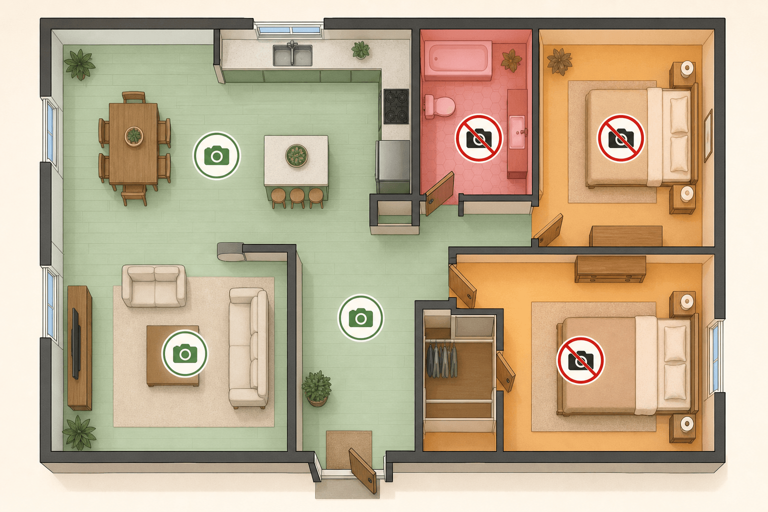 Overhead floor plan illustration showing common areas highlighted in teal as permissible camera zones and bedrooms and bathrooms highlighted in red as restricted zones.