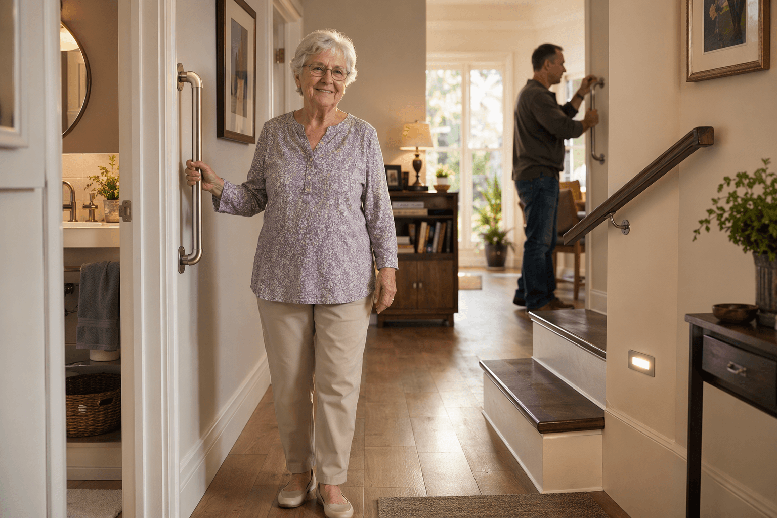 An older adult woman standing confidently in a well-lit home hallway with visible grab bars, a handrail on a short staircase, nonslip flooring, and warm task lighting. An adult child in the background is adjusting a grab bar on the wall.
