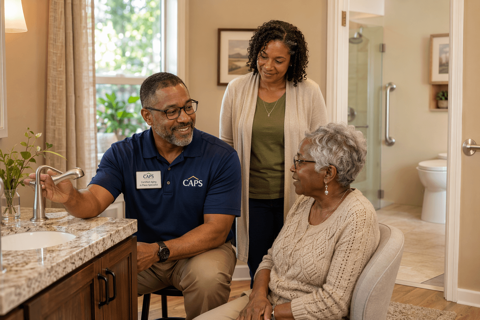 A CAPS-certified specialist in a polo shirt and name badge demonstrates a lever-handle faucet to an older adult and their adult child in a bright living room. A curbless shower threshold and grab bar are visible in the background.