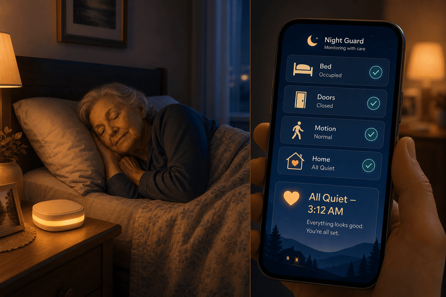 A warm split-composition scene: left side shows a dimly lit bedroom at night with an older adult sleeping peacefully, a small sensor device on the nightstand glowing softly; right side shows a smartphone screen displaying a monitoring dashboard with activity icons and a status message 'All Quiet — 3:12 AM.'