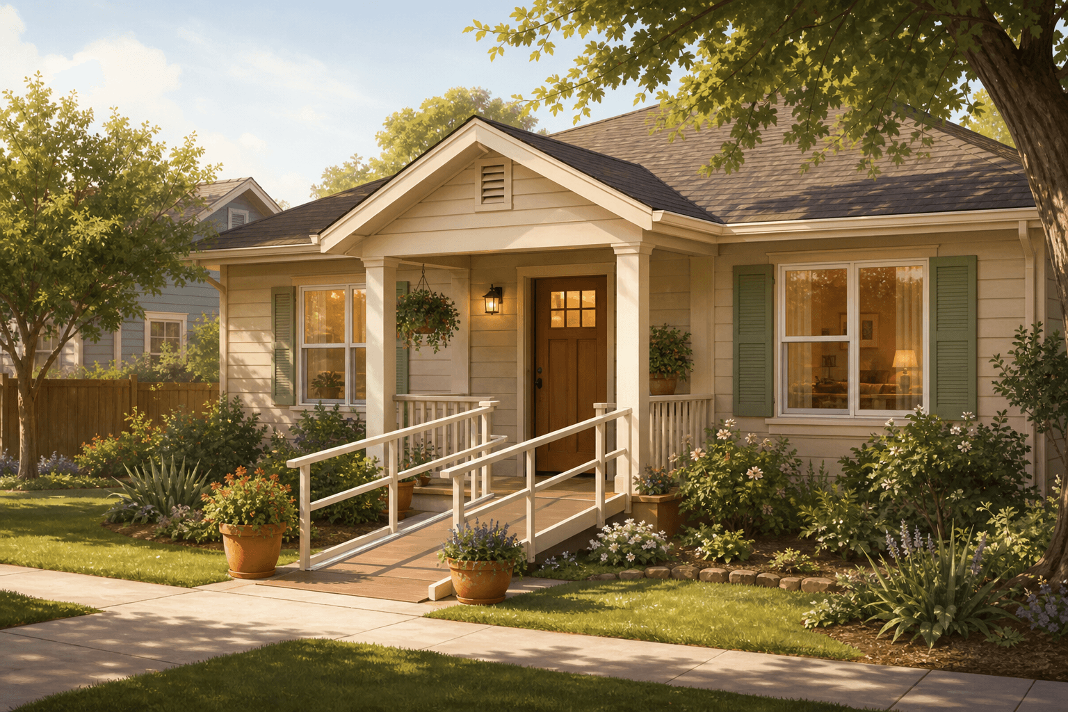 A residential board-and-care home converted from a single-family house with ramp access and garden.