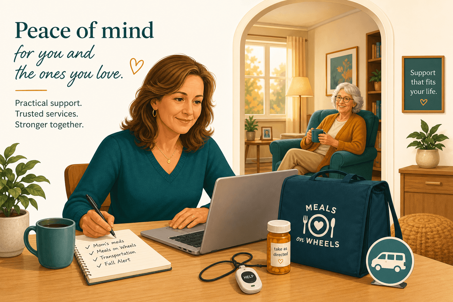 A middle-aged daughter at a kitchen table with a laptop and notebook, an older parent seated in a cozy living room visible through an archway behind her. On the table sit a Meals on Wheels bag, a medication bottle, a fall alert pendant, and a transportation icon.