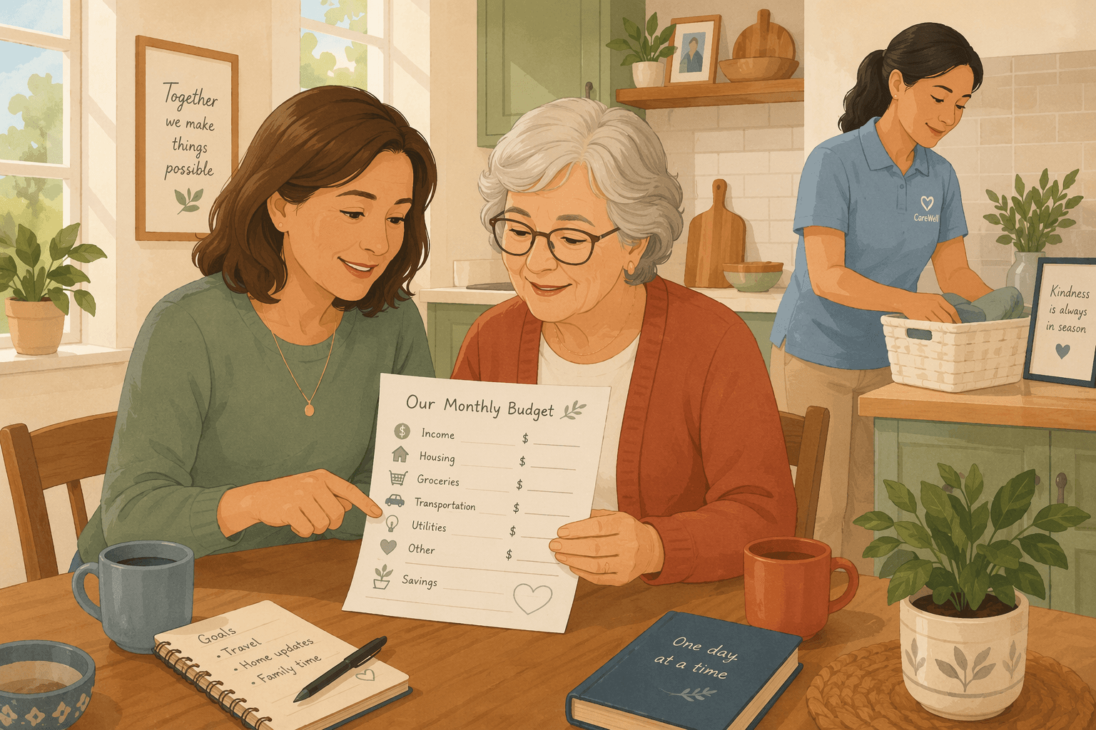 A middle-aged daughter and her older parent reviewing a paper budget sheet at a kitchen table, with a caregiver in the background.