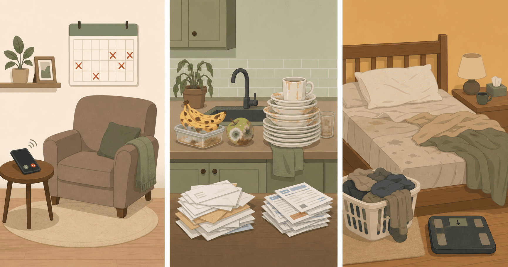 Three panels showing social withdrawal, home environment decline, and physical self-neglect.