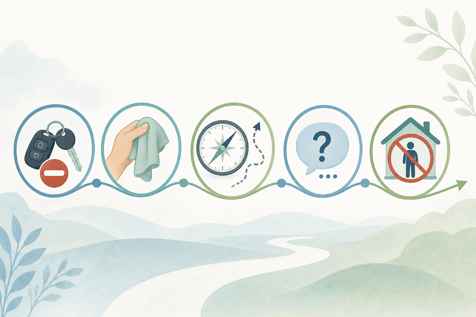 A visual roadmap showing five icon-style transition milestones arranged in a flowing path: a car key with a stop symbol, a hand with a washcloth, a compass with an off-path arrow, a speech bubble with a question mark, and a house with a crossed-out figure.