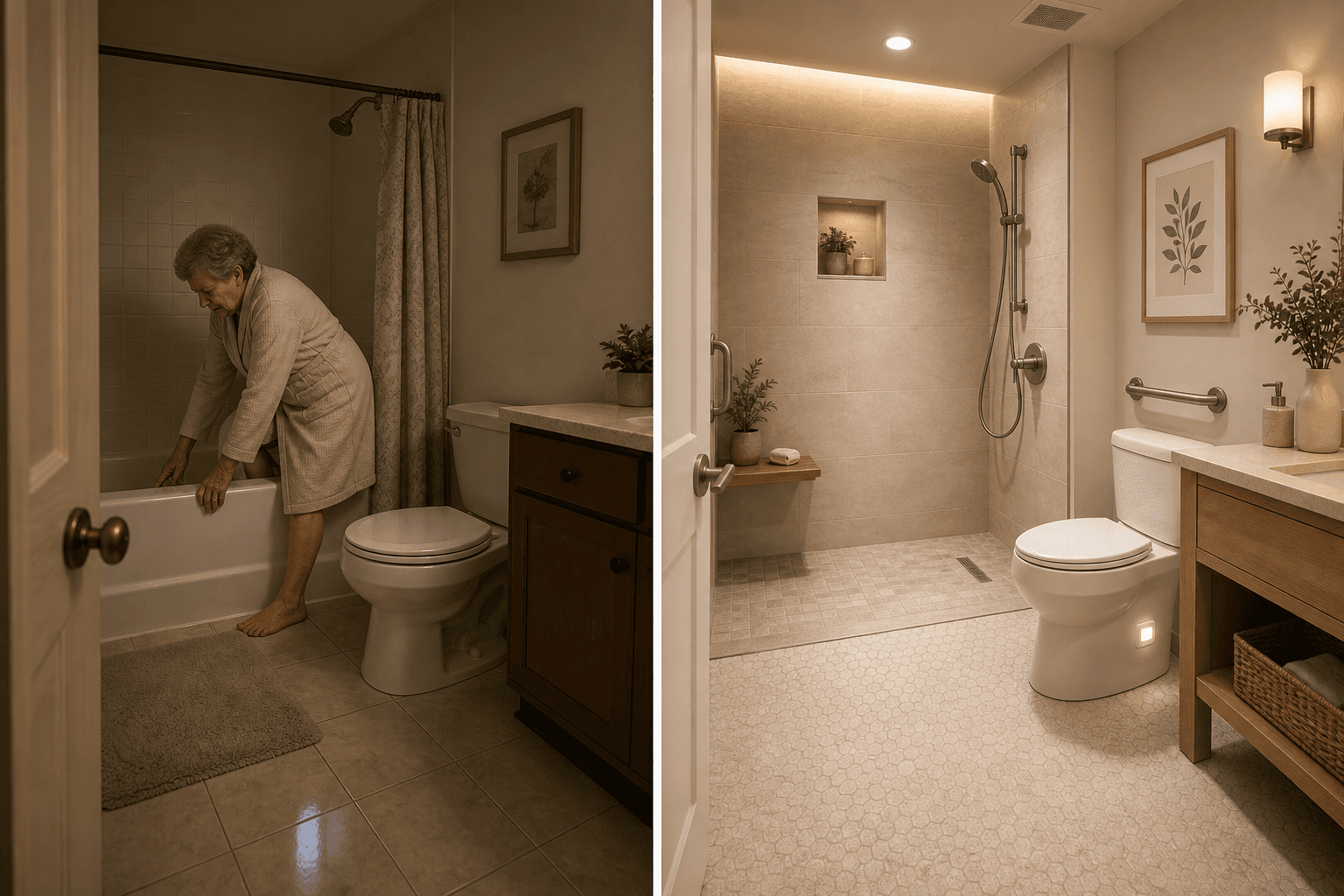 Split-composition bathroom scene: left half shows a standard bathtub with high step-over ledge, standard toilet, glossy tile, dim lighting, and a small bath mat with an older adult gripping the tub edge; right half shows a curbless walk-in shower with teak bench and handheld showerhead on a slide bar, comfort-height toilet with brushed nickel grab bar, textured non-slip floor tile, lever faucet, and motion-activated nightlight in warm neutral palette with wood accents.
