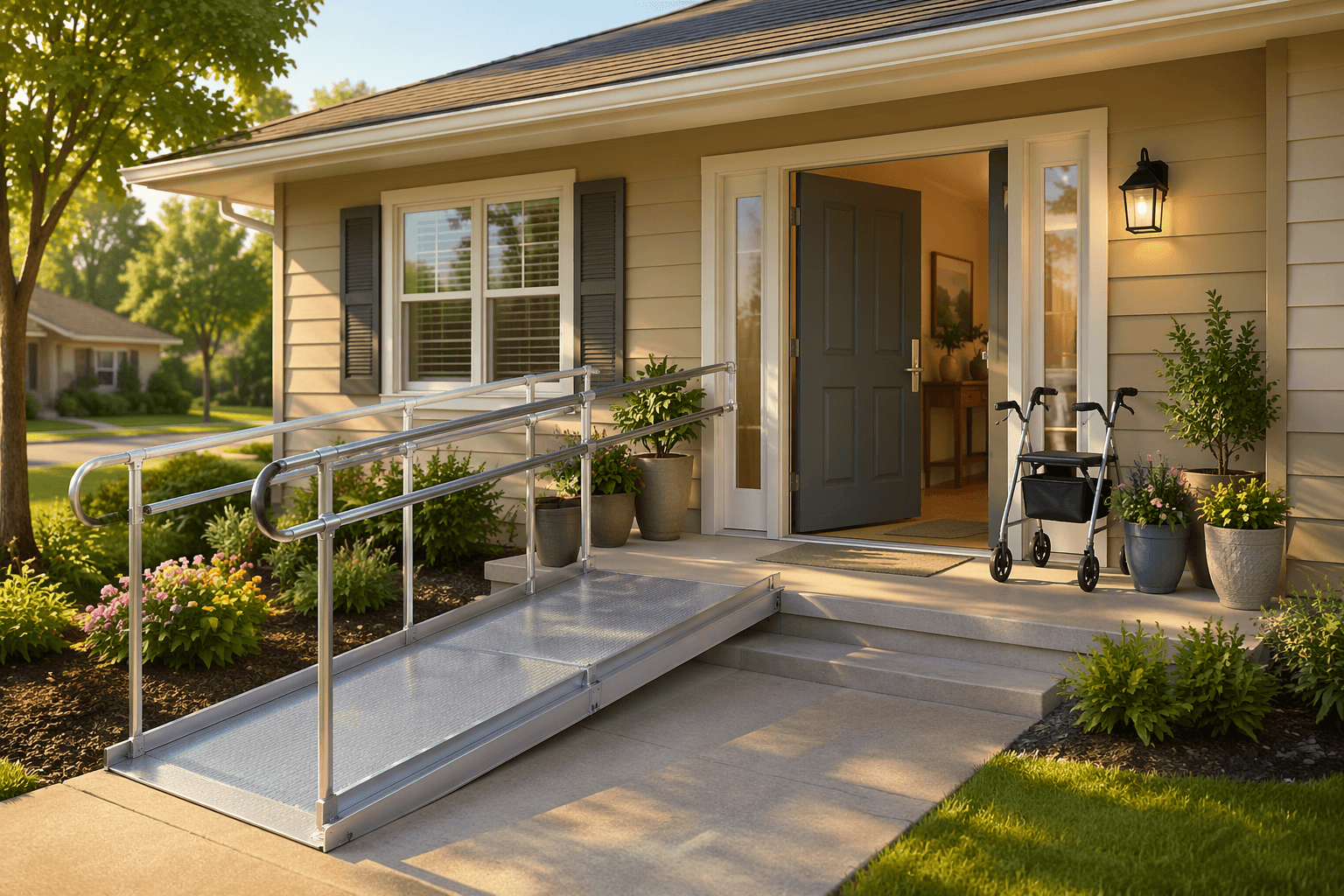Digital illustration of a single-story residential home entryway with a gentle sloped modular aluminum wheelchair ramp with railings leading to a widened front door with a lever-style handle and zero-step threshold. A walker is near the door. Potted plants on the porch. Soft afternoon sunlight.