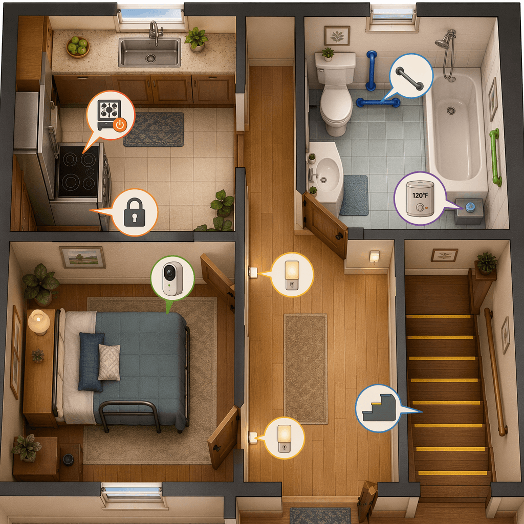 A top-down floor plan illustration showing a home with safety modification icons in each room: stove shutoff, cabinet lock, grab bars, water heater indicator, monitoring device, bed rails, stair edge markers, and nightlights.