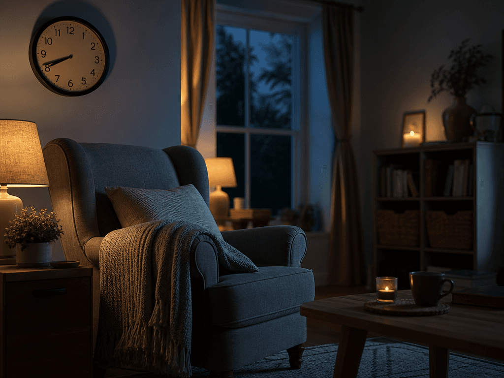 A calm, dementia-friendly evening living room with soft warm amber lamplight, a comfortable armchair with a throw blanket, and a visible wall clock. No TV or bright screens are present.