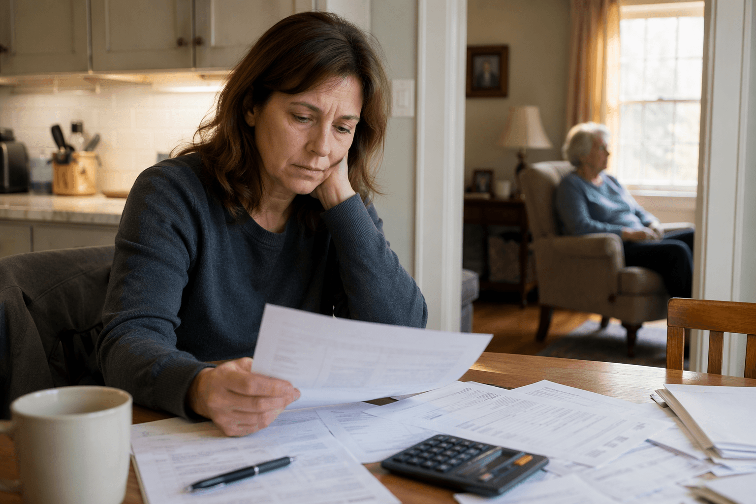 Adult child reviewing caregiving bills at a kitchen table while an older parent sits in the next room