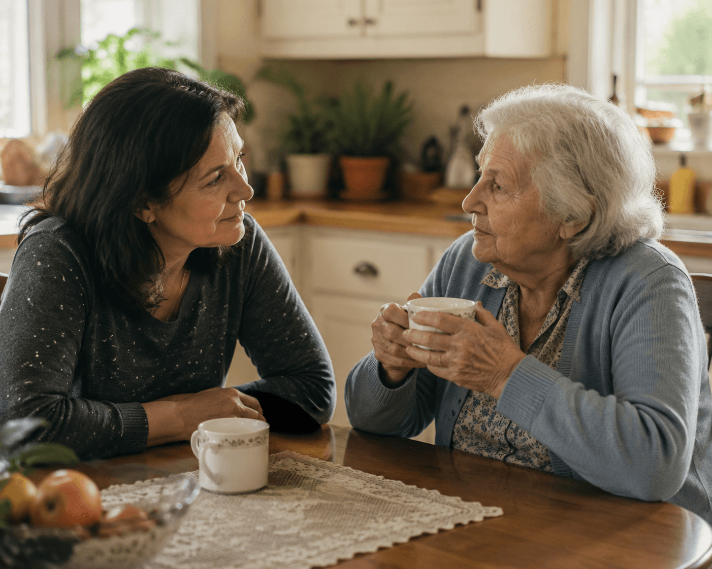 Adult daughter and older mother having a warm conversation at a kitchen table