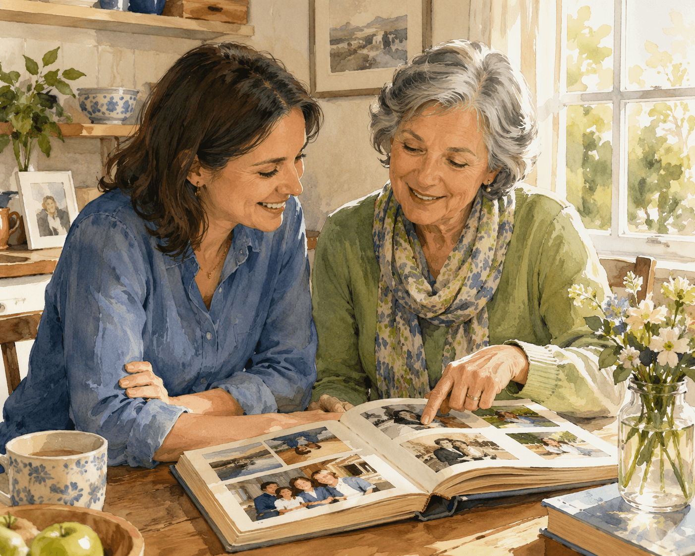 A companion caregiver and an older adult seated together at a kitchen table, looking at a photo album with natural sunlight streaming through a window.