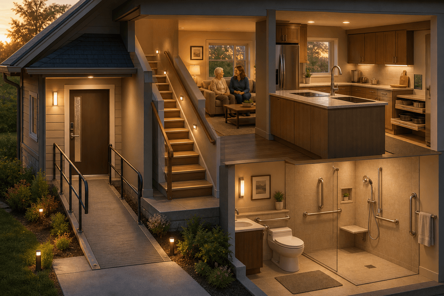 A warm cross-section illustration of a modified home showing an exterior ramp, accessible bathroom, stairway with dual handrails, and a kitchen with lever faucet and pull-out shelves.