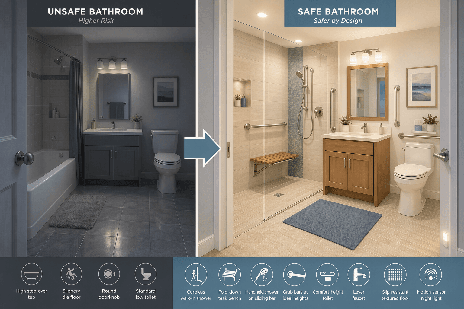 Split-comparison vector illustration of two bathroom halves. Left side shows an unsafe bathroom with high-step tub, glossy tile, dim lighting, and no grab bars in cool grey tones. Right side shows a safe bathroom with curbless shower, teak bench, grab bars, comfort-height toilet, lever faucet, bright lighting, slip-resistant tile, and widened doorway in warm neutral and muted blue tones. A subtle arrow connects left to right.
