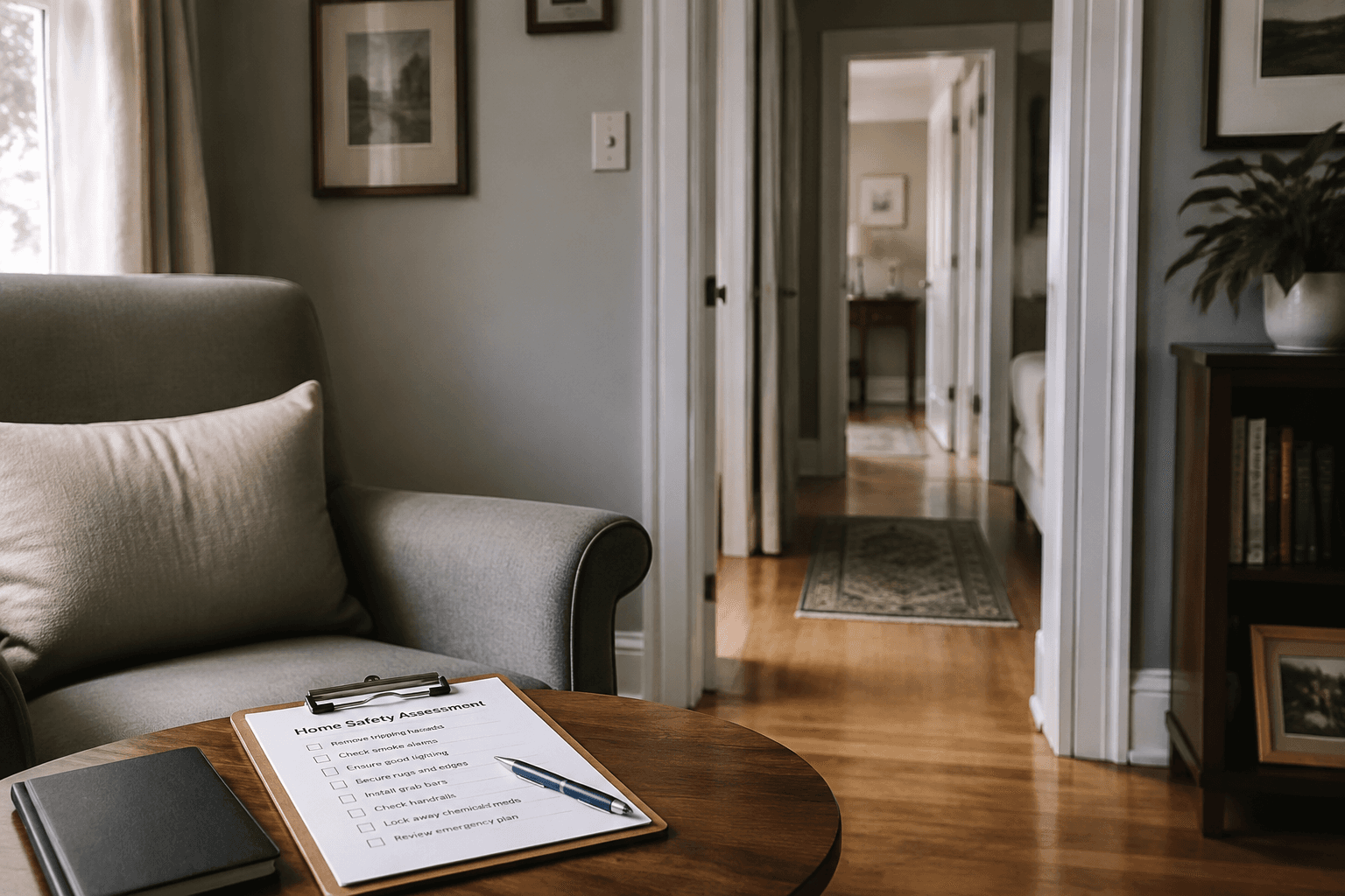 Well-lit living room with an open hallway and a clipboard on a side table