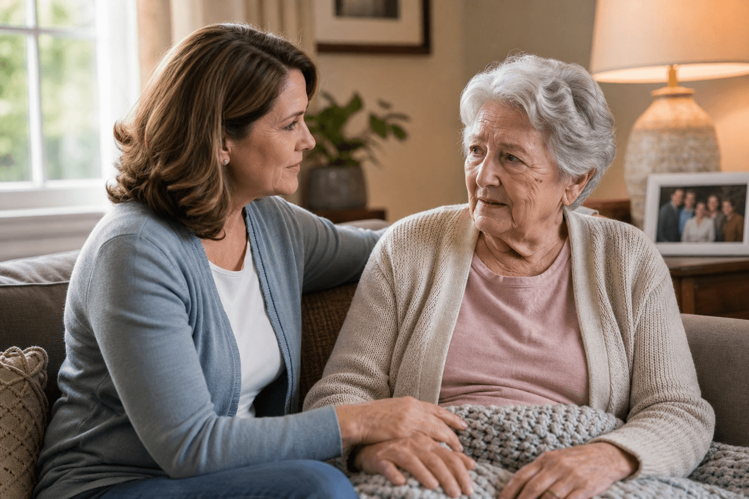 A caregiver sits calmly beside an elderly person on a home sofa, leaning forward with open body language and gentle eye contact, conveying de-escalation through presence.