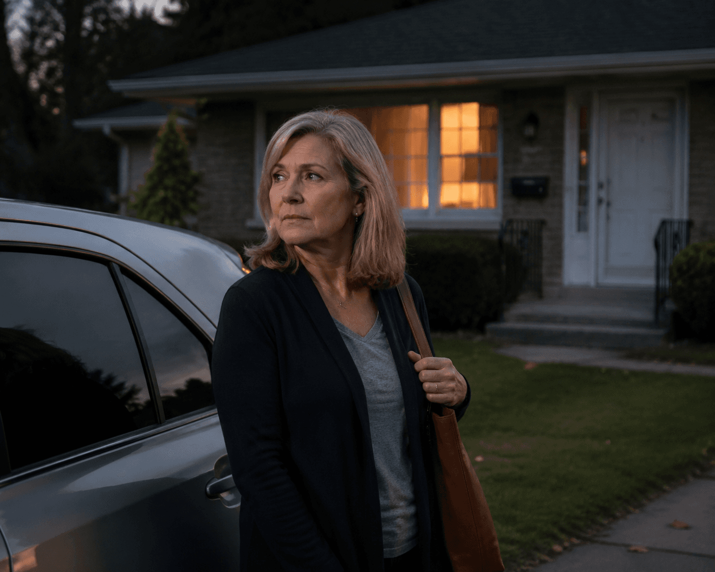 Adult daughter pausing outside her elderly parents' home at dusk with a thoughtful expression
