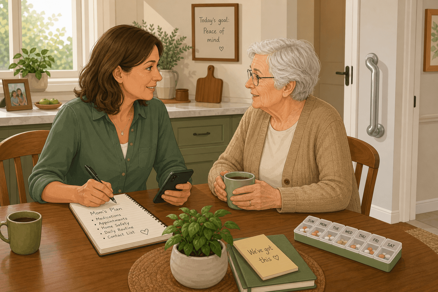 An adult daughter in her 40s sits at a kitchen table with a notebook and smartphone, opposite her elderly mother who holds a cup of tea. The scene is calm and supportive, with subtle home safety cues in the background.