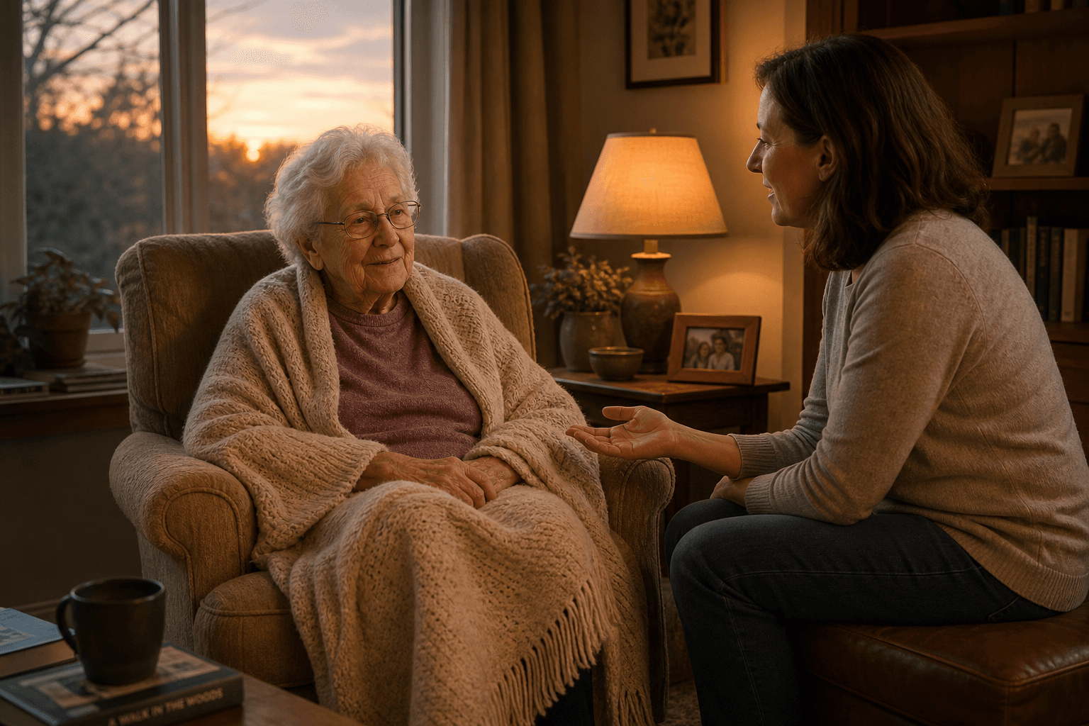 An elderly person with dementia wrapped in a blanket, sitting in an armchair by a window at sunset, while an adult child sits nearby speaking gently.