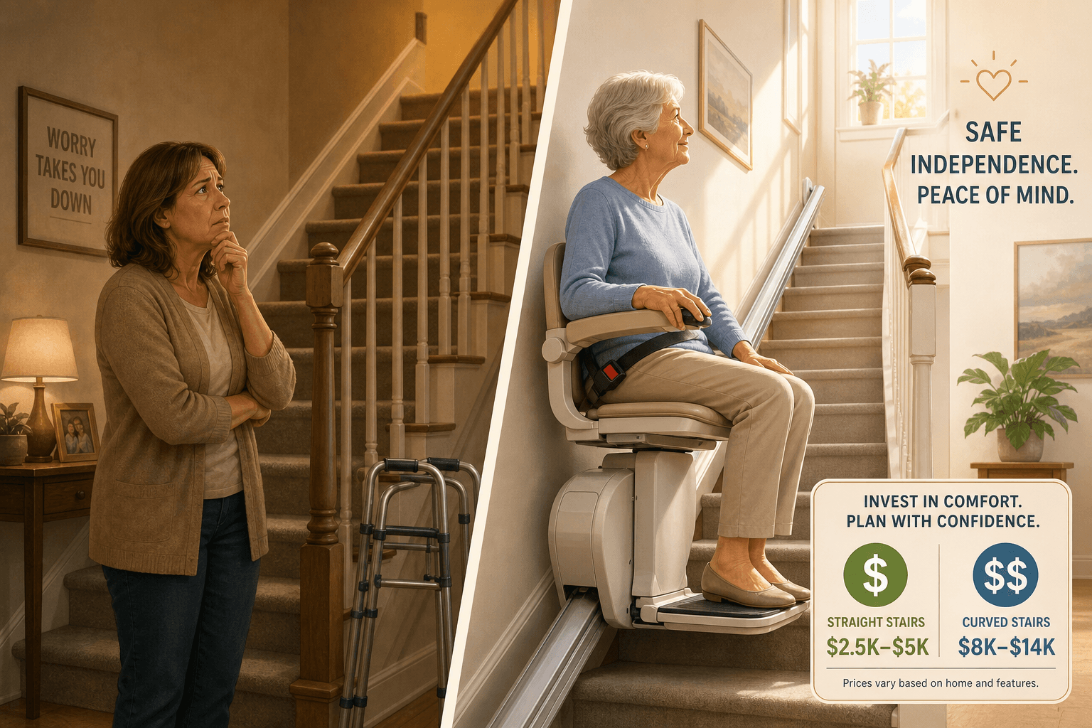 Split-screen illustration: worried middle-aged woman at bottom of stairs with walker, contrasted with calm older woman on stair lift midway up sunlit staircase, with price badges $2.5K–$5K and $8K–$14K.