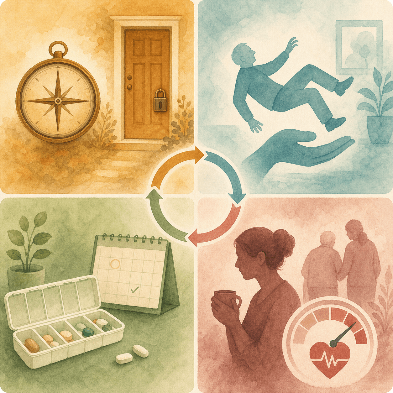A warm-toned editorial illustration divided into four interconnected panels representing a dementia safety assessment framework. Top left quadrant shows a compass icon and door with lock in amber tones for wandering risk. Top right quadrant shows a falling figure icon with a supporting hand in teal tones for fall risk. Bottom left quadrant shows a pill organizer and calendar icon in sage green for medication management. Bottom right quadrant shows a caregiver silhouette with a heart-rate gauge icon in rose tones for caregiver capacity.