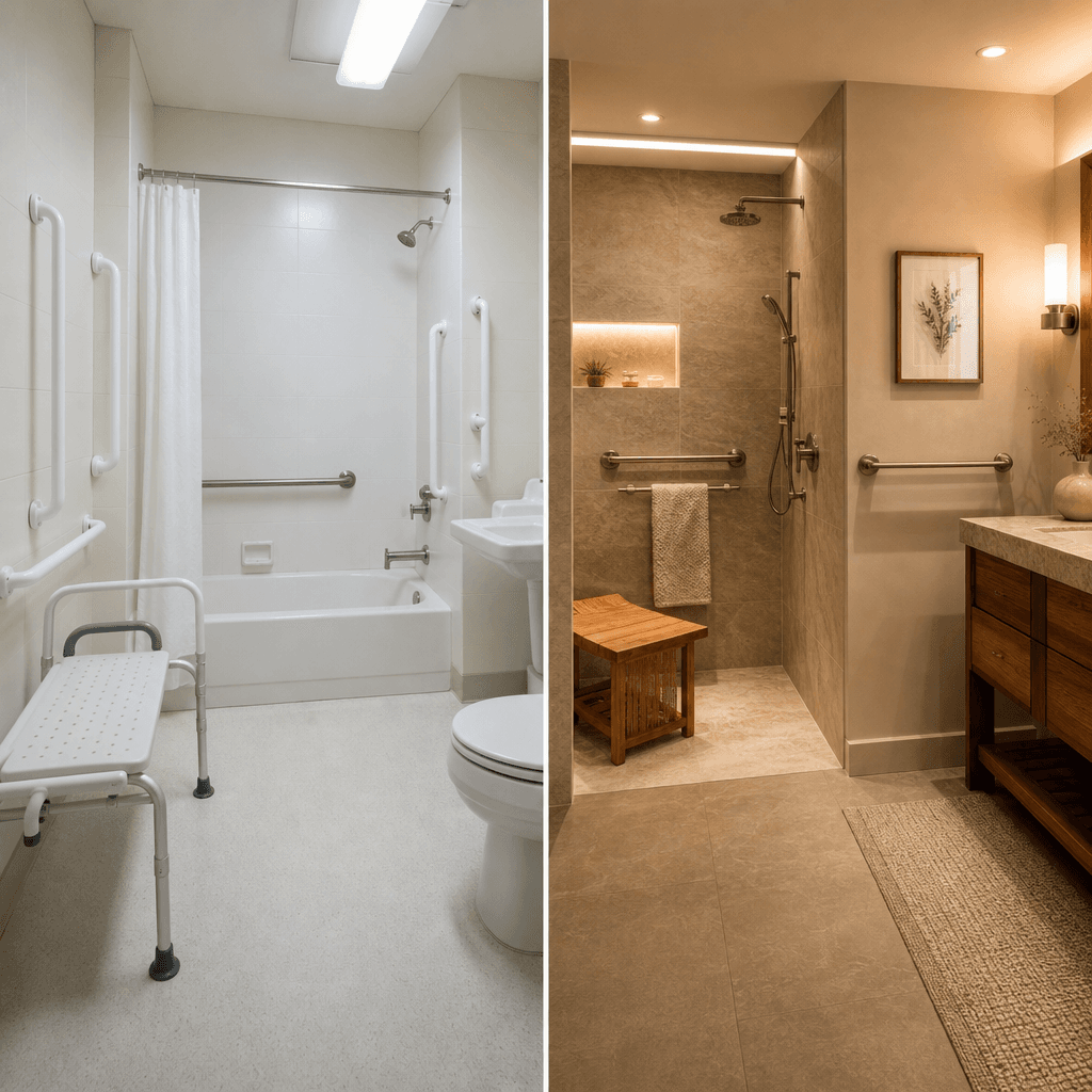Split comparison showing an institutional bathroom with metal rails and plastic bench on the left, and a warm residential bathroom with decorative grab bars and natural materials on the right.