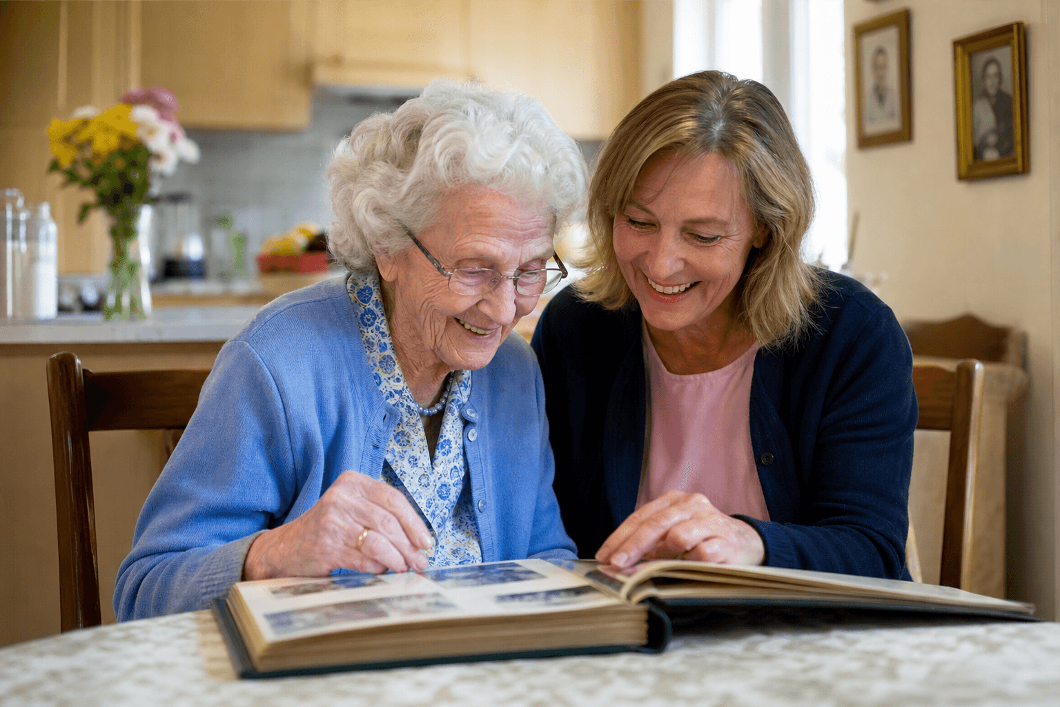 An older woman and a companion caregiver sit together at a sunlit kitchen table looking at a photo album, with warm natural daylight and genuine smiles, conveying emotional connection and comfort
