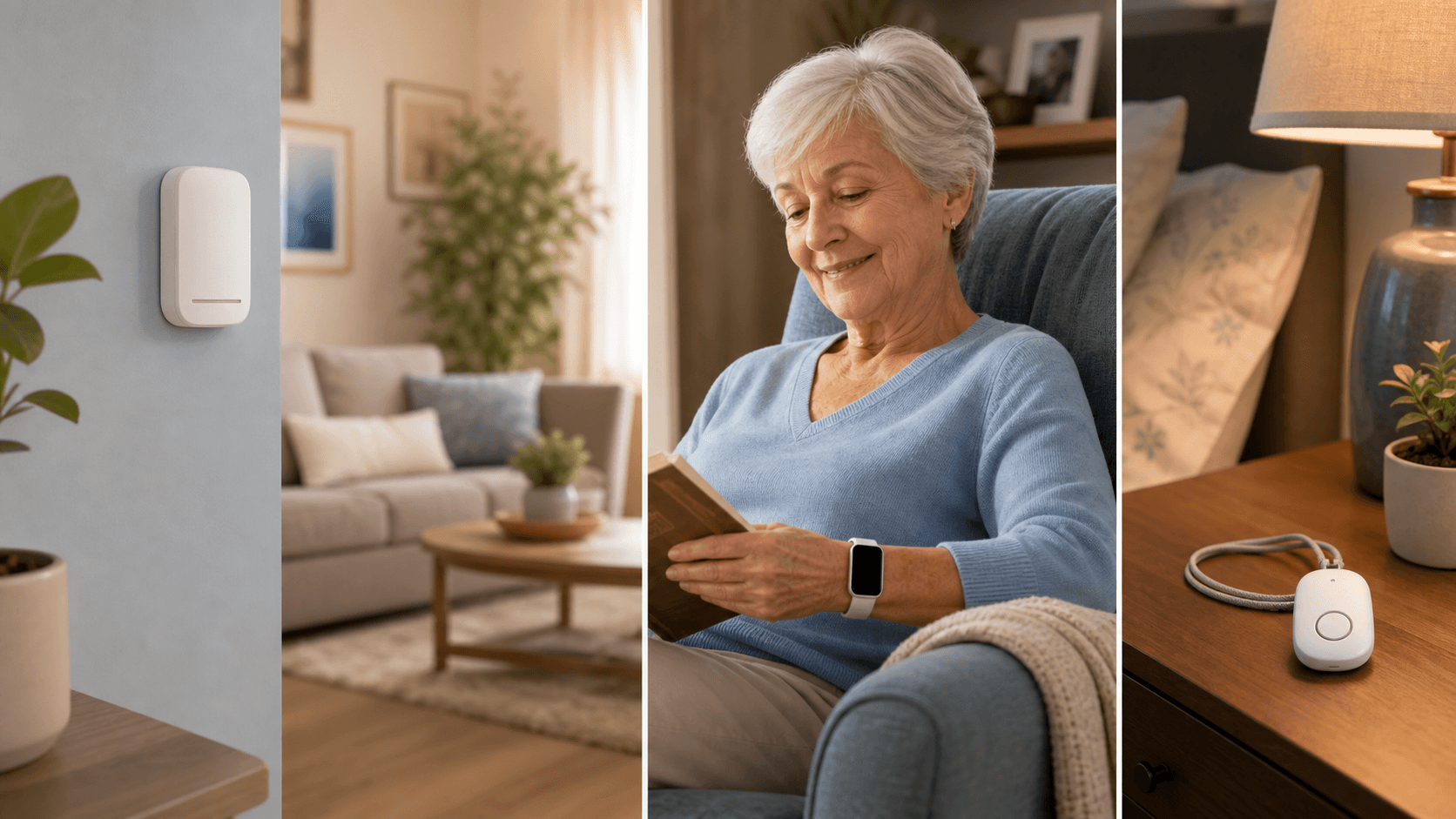 Split-composition home interior showing three monitoring approaches: a small white passive motion sensor on a wall overlooking a living room, an older adult reading while wearing a modern smartwatch-style device, and a simple alert pendant resting on a nightstand.