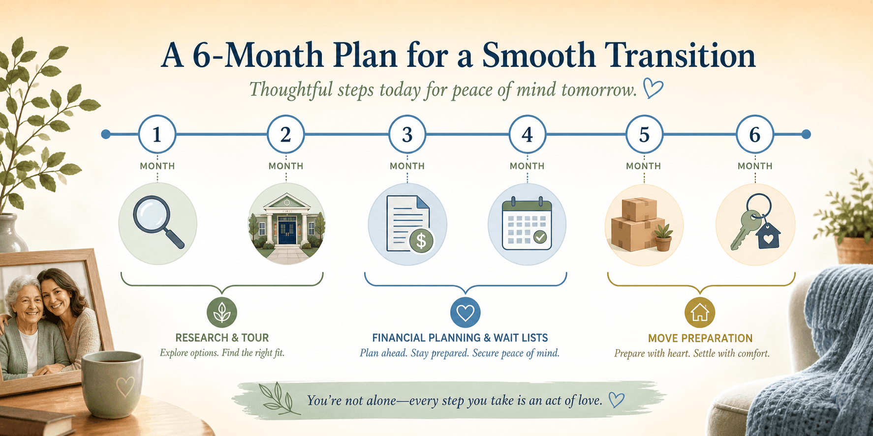 A horizontal timeline infographic showing a 6-month care transition timeline with three phases: Months 1-2 Research and Tour, Months 3-4 Financial Planning and Wait Lists, Months 5-6 Move Preparation.