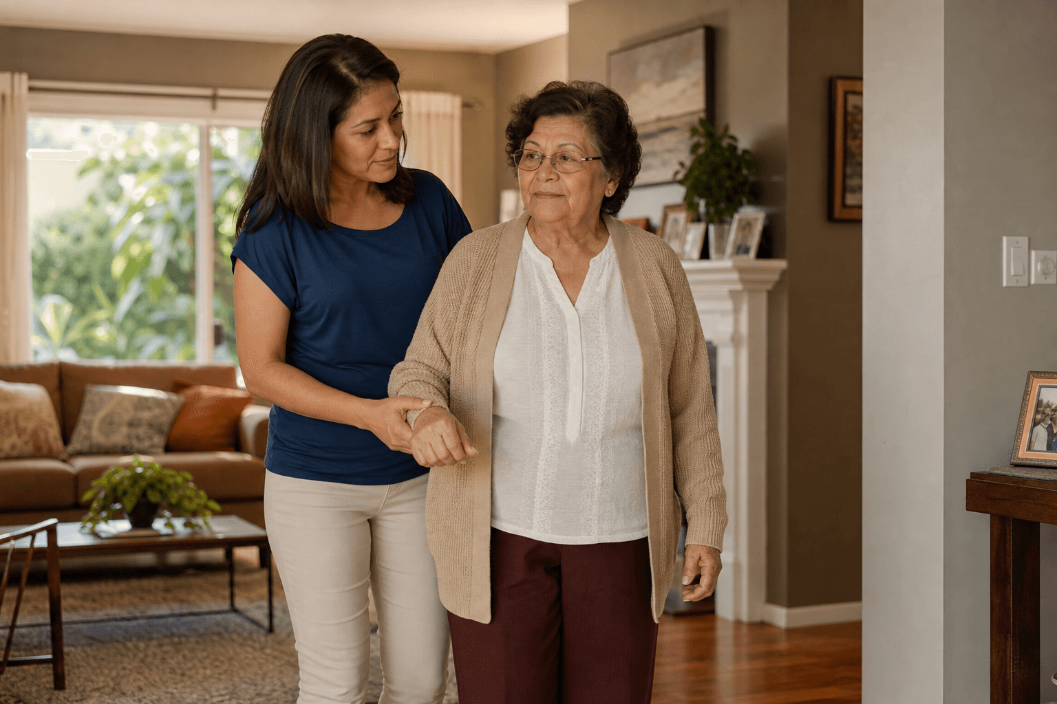 A sunlit living room where a female caregiver gently supports an older woman's arm as they walk together past comfortable furniture, plants, and personal photos.