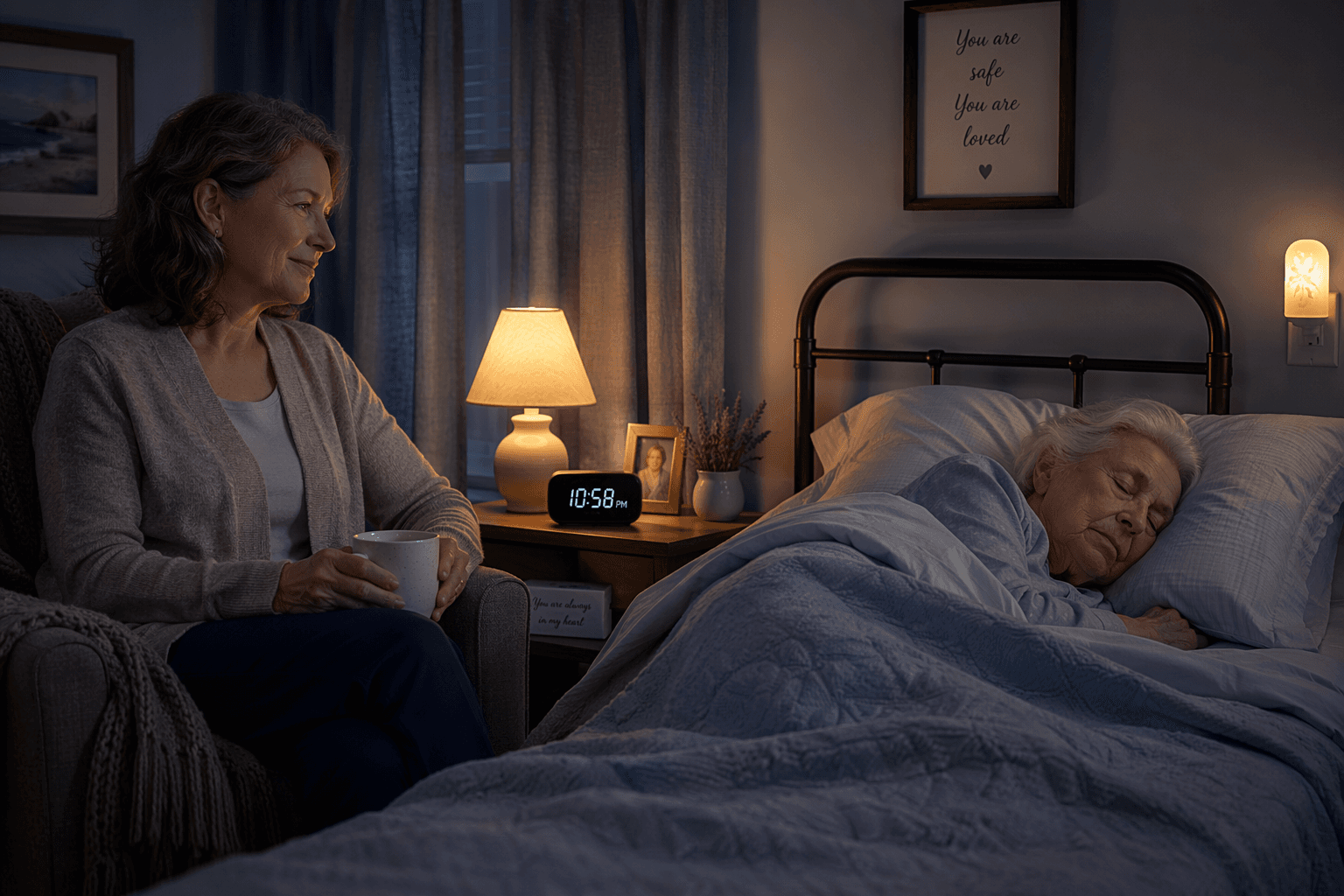 A warm nighttime bedroom scene from an elevated angle showing a middle-aged woman caregiver sitting in an armchair beside a bed where an elderly person sleeps peacefully. Soft amber nightlights and a dimmed lamp cast warm light, a digital clock reads 11 PM, and the room has a calm, reassuring atmosphere with blue-toned curtains.