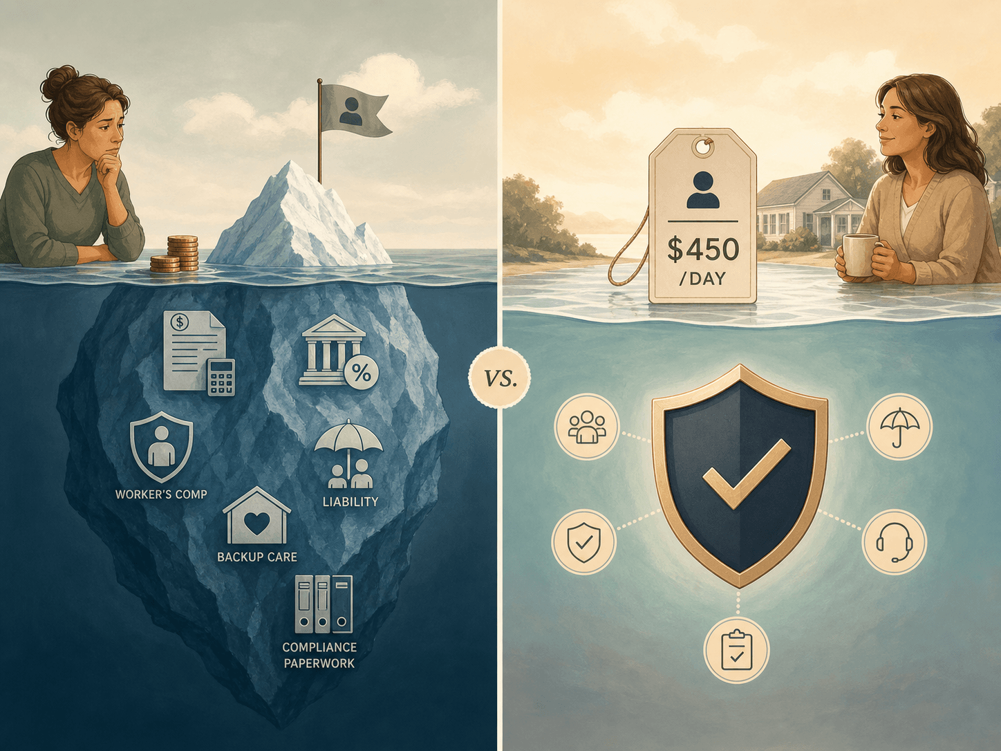 An editorial comparison illustration showing two scenarios side by side: a private hire iceberg with small visible costs above water and large hidden costs (payroll, insurance, compliance) submerged below, contrasted with an agency scenario showing a clear daily rate and a shield icon representing included protections.