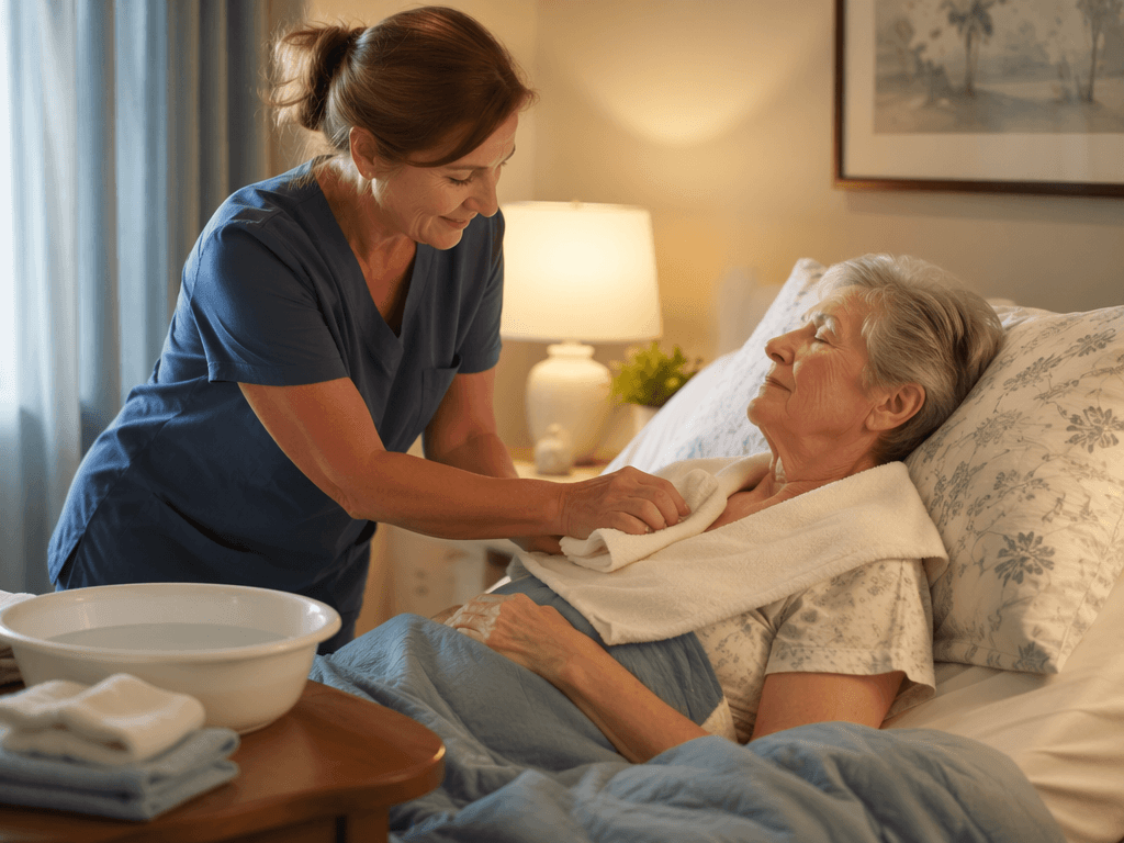 A bedside scene showing a caregiver performing a gentle sponge bath for an older adult with dementia lying comfortably in bed with a towel and blanket, with a basin of warm water and no-rinse soap supplies nearby