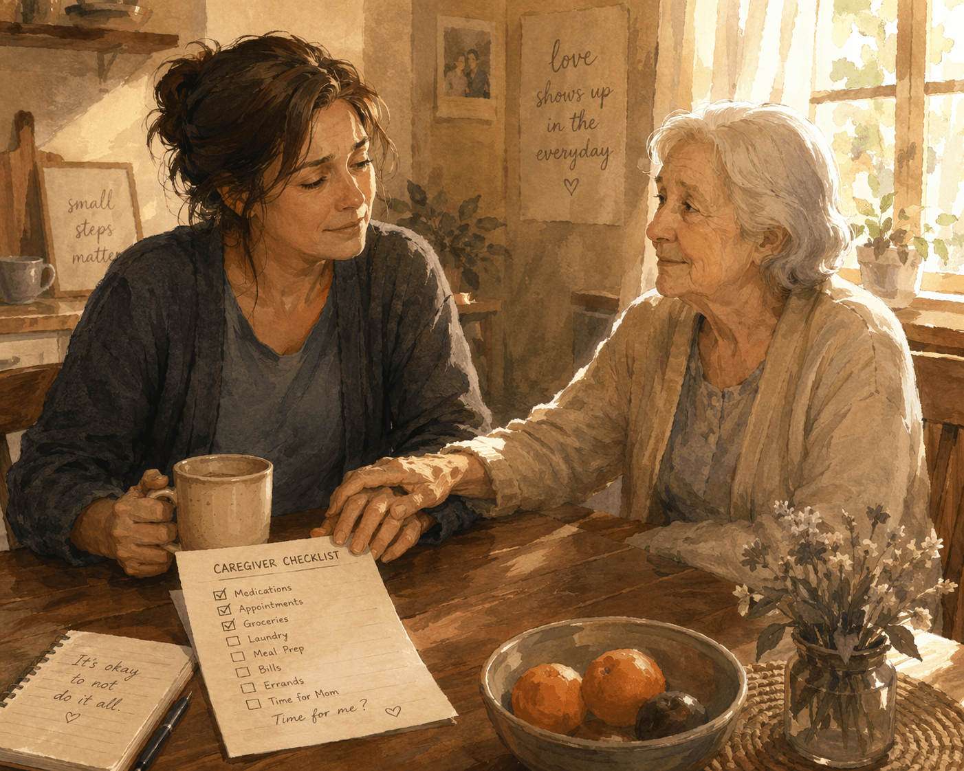 An adult daughter sits at a kitchen table with her aging mother, holding a coffee mug and a caregiver checklist. Soft morning light fills the room, and the mother's hand reaches across the table.