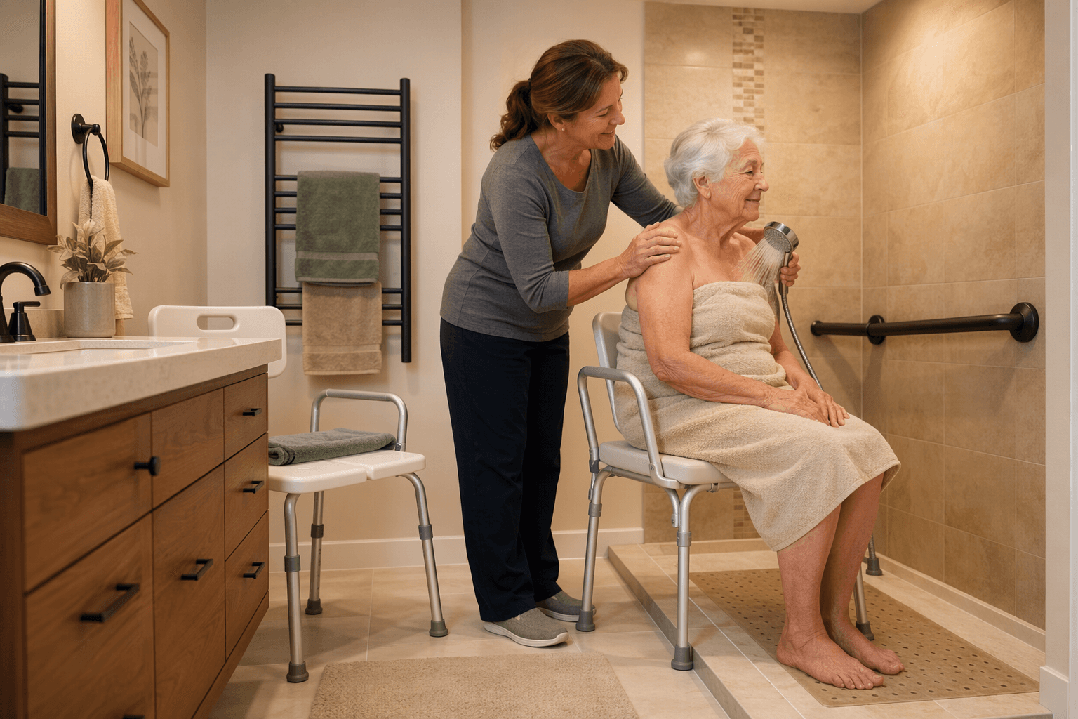 A caregiver gently assists an elderly woman seated on a padded shower chair in a warm, well-lit bathroom with grab bars and non-slip mats.